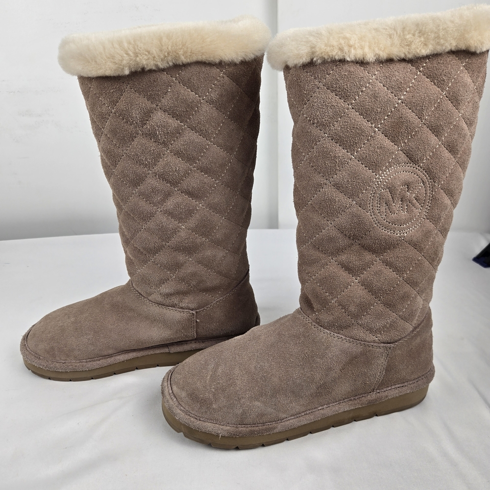 Michael Kors Quilted Suede Shearling-Trim Tall Boot - Taupe 6M - Picture 8 of 12